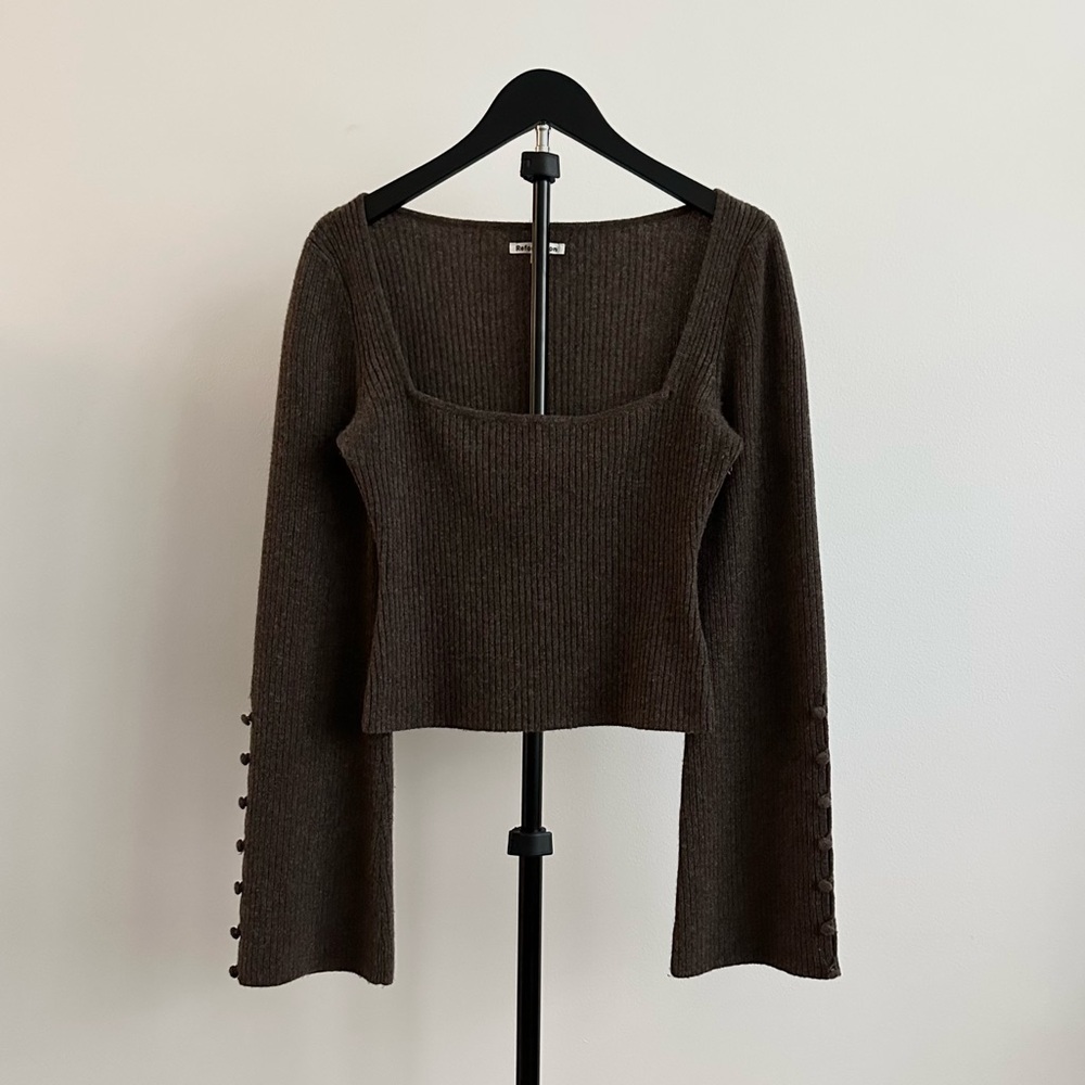 Reformation Emanuele Brown Cashmere Square Neck Bell Sleeve Sweater Size S